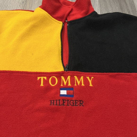 VTG Tommy Hilfiger 1/4 Zip Fleece Pullover Mens XL Red Flag Logo 90s Baggy Y2K - Picture 2 of 4